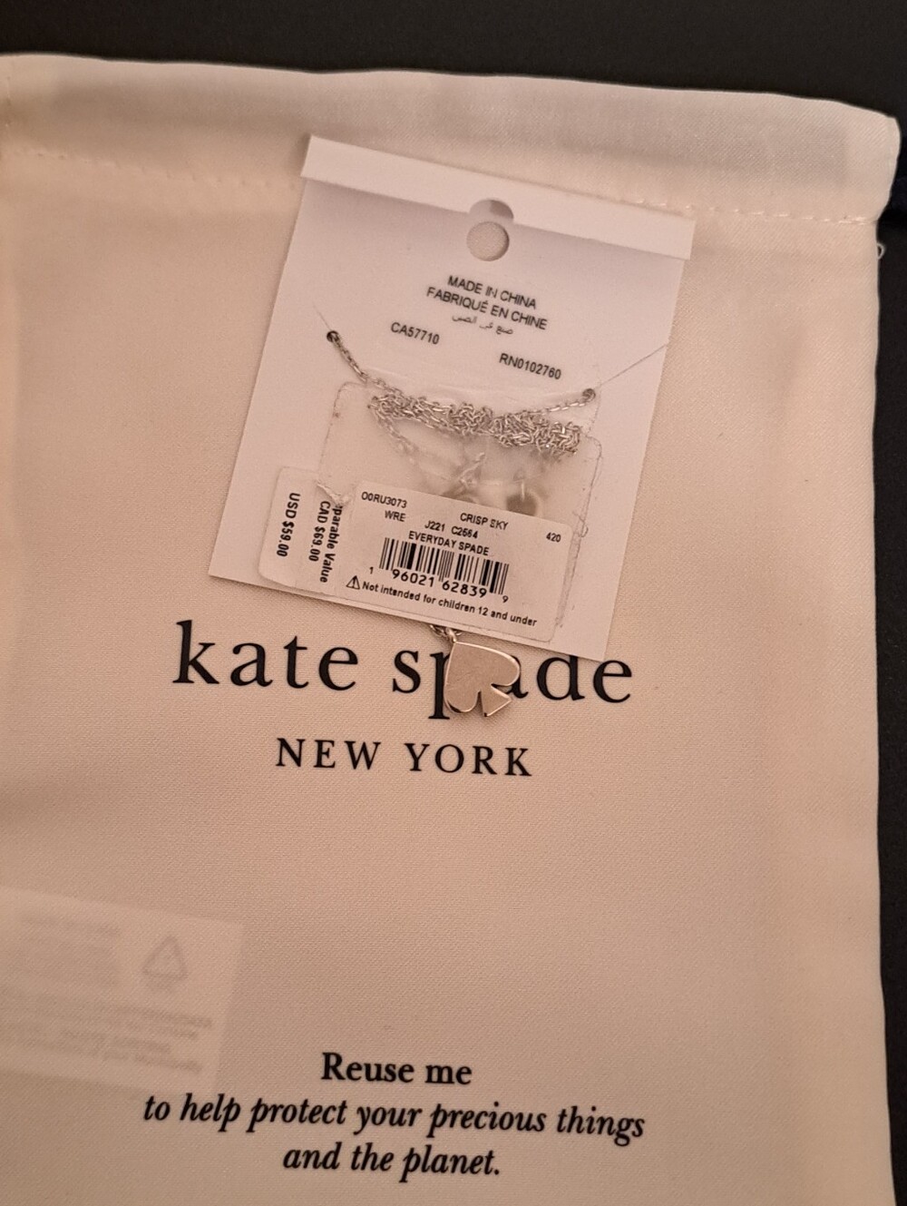 Kate Spade silver necklace with pale blue spade charm NWT - Picture 2 of 2